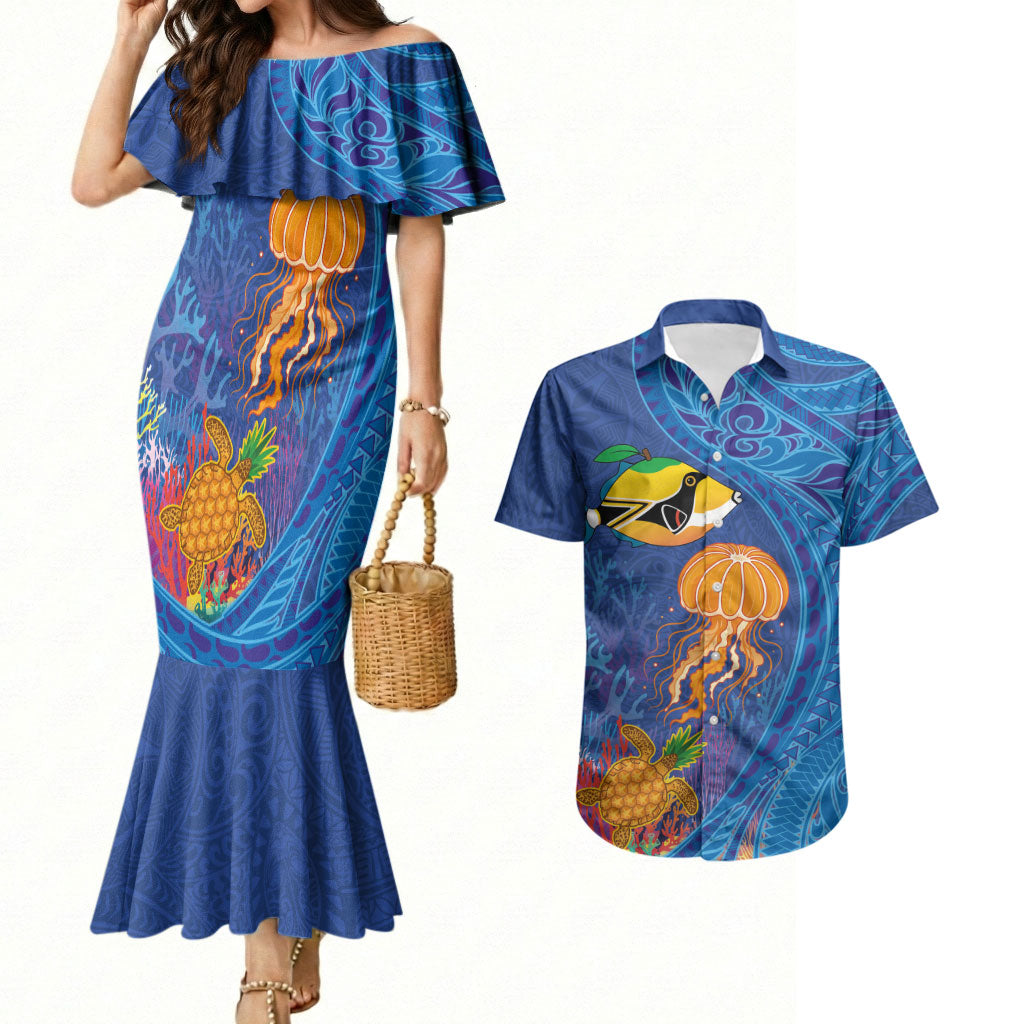 Hawaiian Funny Fruits Sea Animals Couples Matching Mermaid Dress and Hawaiian Shirt Mango Reef Triggerfish and Pineapple Turtle and Mandarin Jellyfish