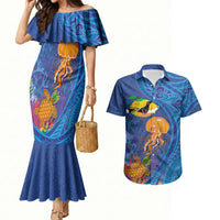 Hawaiian Funny Fruits Sea Animals Couples Matching Mermaid Dress and Hawaiian Shirt Mango Reef Triggerfish and Pineapple Turtle and Mandarin Jellyfish