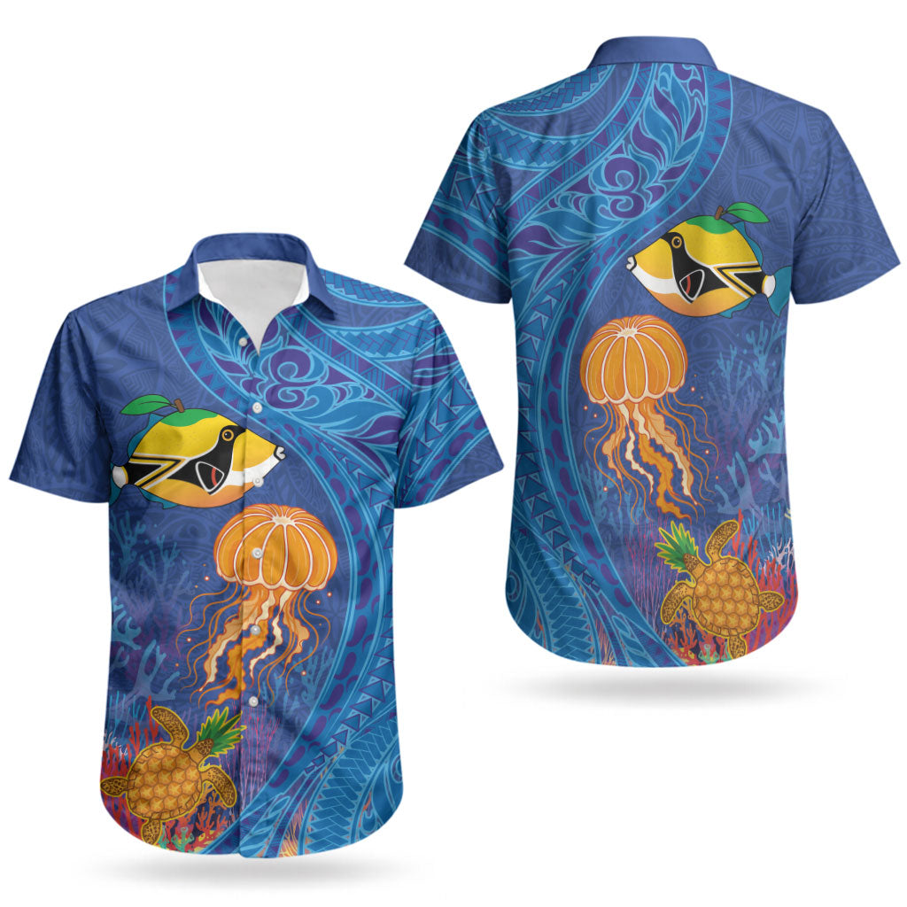 Hawaiian Funny Fruits Sea Animals Couples Matching Mermaid Dress and Hawaiian Shirt Mango Reef Triggerfish and Pineapple Turtle and Mandarin Jellyfish