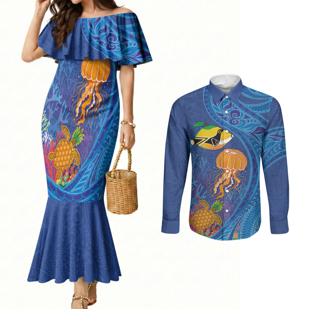 Hawaiian Funny Fruits Sea Animals Couples Matching Mermaid Dress and Long Sleeve Button Shirt Mango Reef Triggerfish and Pineapple Turtle and Mandarin Jellyfish LT03 Blue - Polynesian Pride