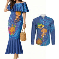 Hawaiian Funny Fruits Sea Animals Couples Matching Mermaid Dress and Long Sleeve Button Shirt Mango Reef Triggerfish and Pineapple Turtle and Mandarin Jellyfish