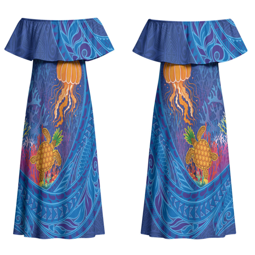 Hawaiian Funny Fruits Sea Animals Couples Matching Off Shoulder Maxi Dress and Hawaiian Shirt Mango Reef Triggerfish and Pineapple Turtle and Mandarin Jellyfish