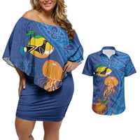 Hawaiian Funny Fruits Sea Animals Couples Matching Off Shoulder Short Dress and Hawaiian Shirt Mango Reef Triggerfish and Pineapple Turtle and Mandarin Jellyfish
