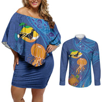 Hawaiian Funny Fruits Sea Animals Couples Matching Off Shoulder Short Dress and Long Sleeve Button Shirt Mango Reef Triggerfish and Pineapple Turtle and Mandarin Jellyfish