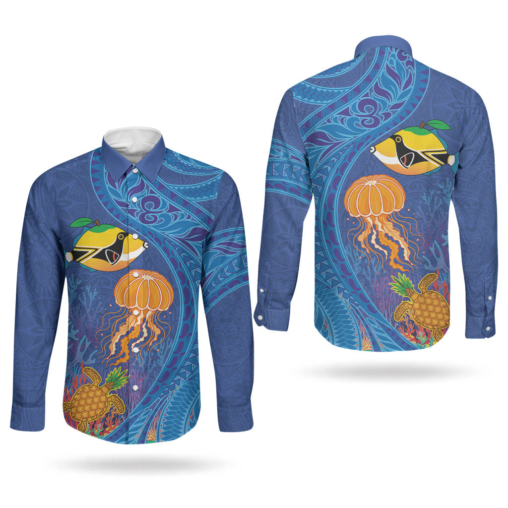 Hawaiian Funny Fruits Sea Animals Couples Matching Off Shoulder Short Dress and Long Sleeve Button Shirt Mango Reef Triggerfish and Pineapple Turtle and Mandarin Jellyfish