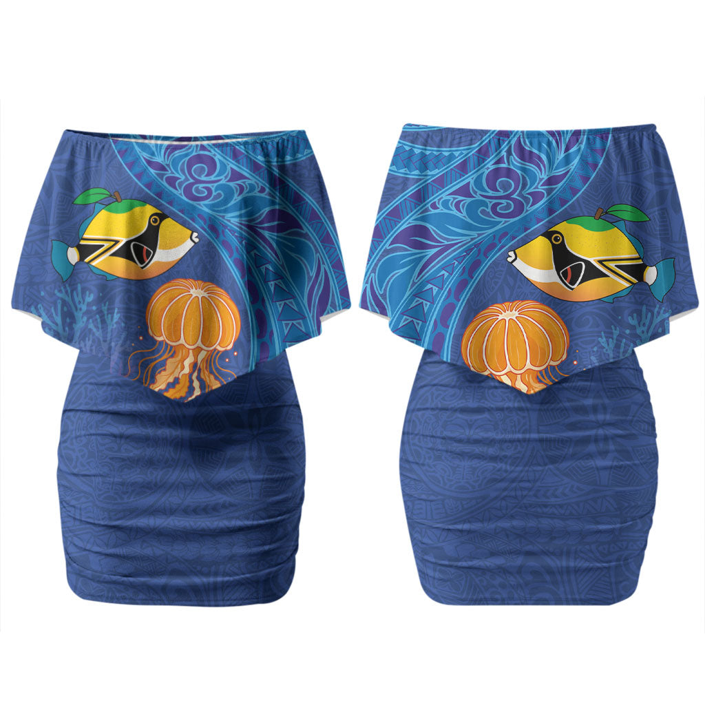 Hawaiian Funny Fruits Sea Animals Couples Matching Off Shoulder Short Dress and Long Sleeve Button Shirt Mango Reef Triggerfish and Pineapple Turtle and Mandarin Jellyfish