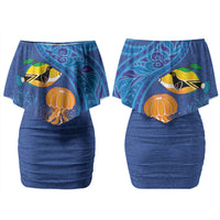 Hawaiian Funny Fruits Sea Animals Couples Matching Off Shoulder Short Dress and Long Sleeve Button Shirt Mango Reef Triggerfish and Pineapple Turtle and Mandarin Jellyfish