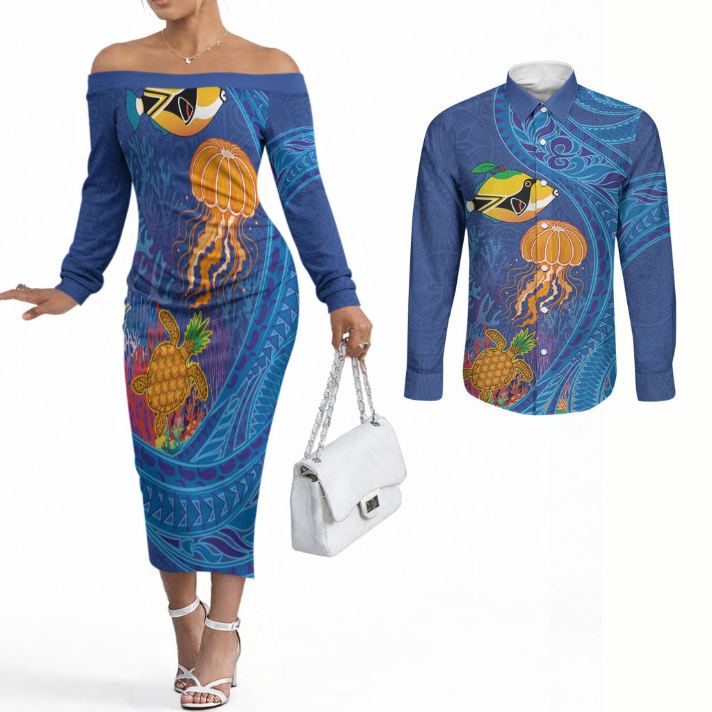 Hawaiian Funny Fruits Sea Animals Couples Matching Off The Shoulder Long Sleeve Dress and Long Sleeve Button Shirt Mango Reef Triggerfish and Pineapple Turtle and Mandarin Jellyfish