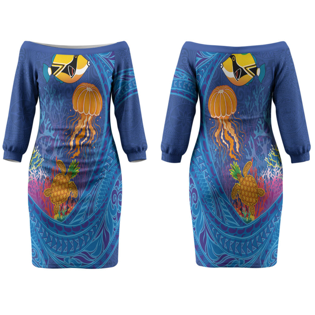 Hawaiian Funny Fruits Sea Animals Couples Matching Off The Shoulder Long Sleeve Dress and Long Sleeve Button Shirt Mango Reef Triggerfish and Pineapple Turtle and Mandarin Jellyfish