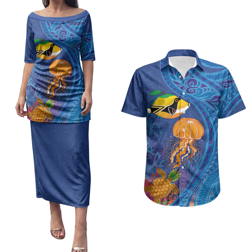 Hawaiian Funny Fruits Sea Animals Couples Matching Puletasi and Hawaiian Shirt Mango Reef Triggerfish and Pineapple Turtle and Mandarin Jellyfish