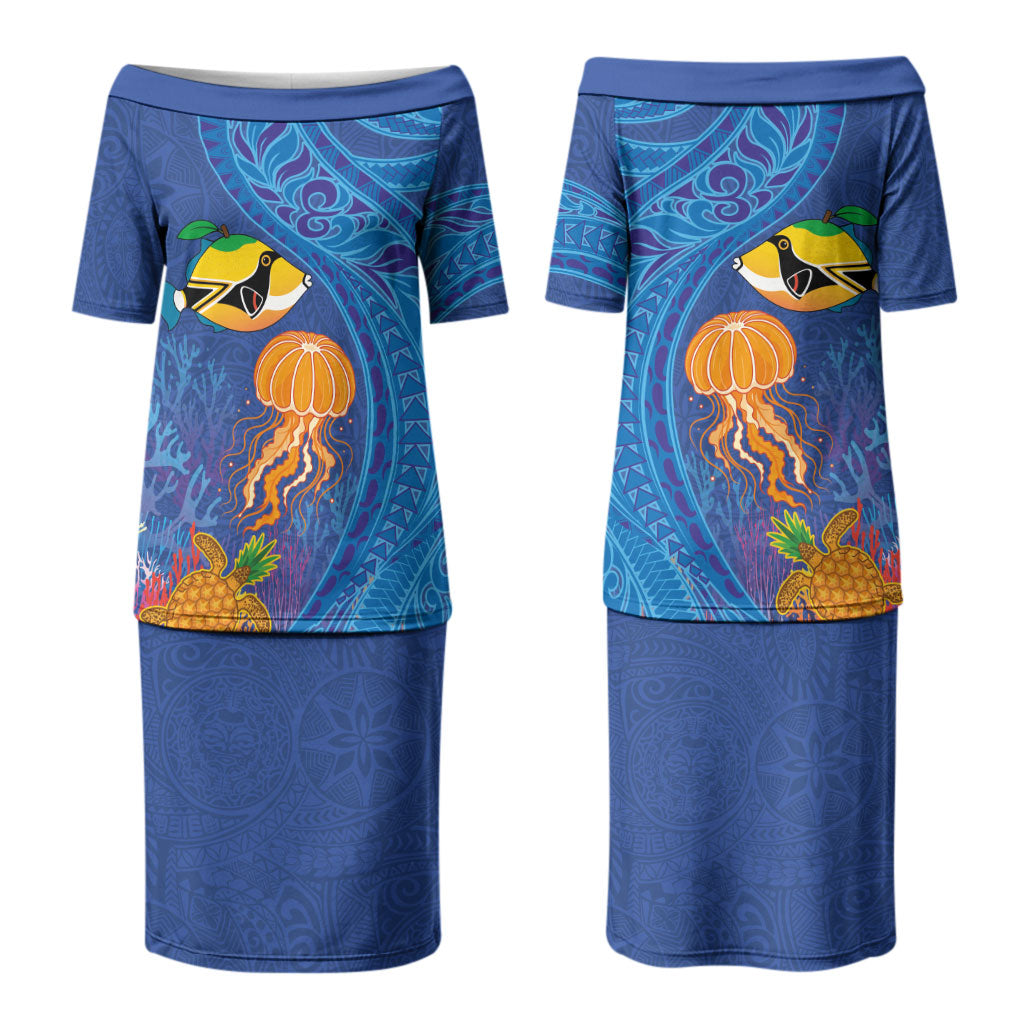 Hawaiian Funny Fruits Sea Animals Couples Matching Puletasi and Hawaiian Shirt Mango Reef Triggerfish and Pineapple Turtle and Mandarin Jellyfish