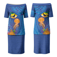 Hawaiian Funny Fruits Sea Animals Couples Matching Puletasi and Hawaiian Shirt Mango Reef Triggerfish and Pineapple Turtle and Mandarin Jellyfish