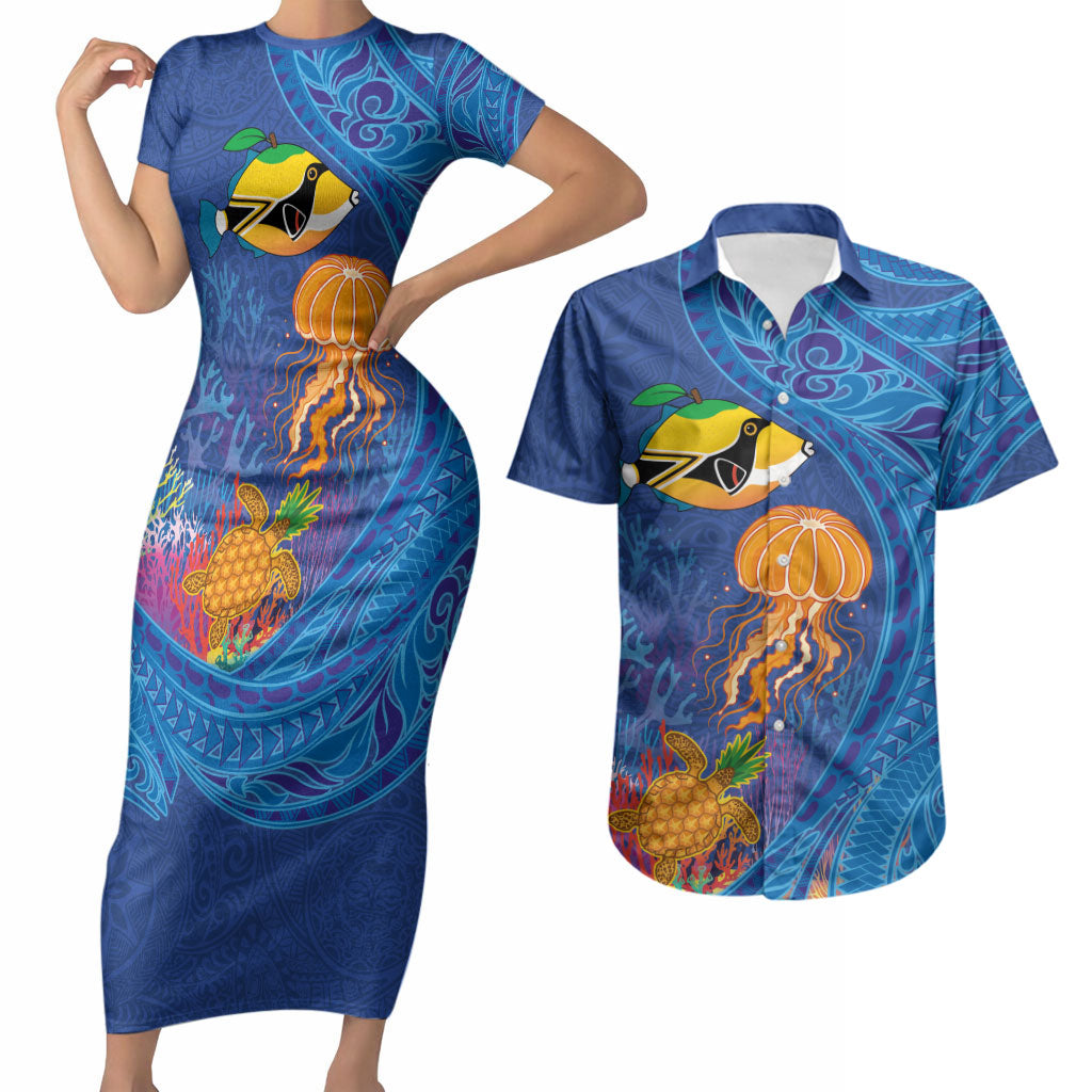 Hawaiian Funny Fruits Sea Animals Couples Matching Short Sleeve Bodycon Dress and Hawaiian Shirt Mango Reef Triggerfish and Pineapple Turtle and Mandarin Jellyfish LT03 Blue - Polynesian Pride