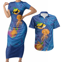 Hawaiian Funny Fruits Sea Animals Couples Matching Short Sleeve Bodycon Dress and Hawaiian Shirt Mango Reef Triggerfish and Pineapple Turtle and Mandarin Jellyfish