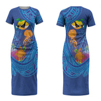 Hawaiian Funny Fruits Sea Animals Couples Matching Short Sleeve Bodycon Dress and Hawaiian Shirt Mango Reef Triggerfish and Pineapple Turtle and Mandarin Jellyfish