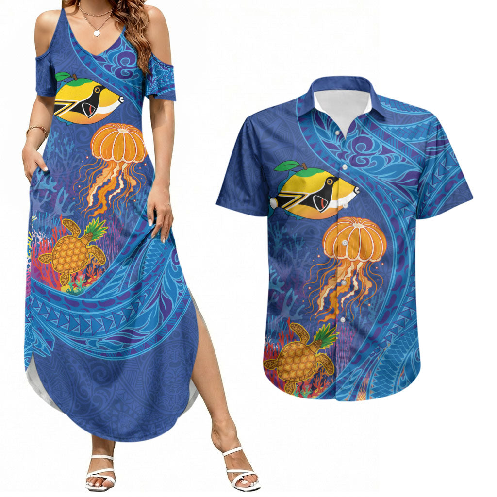 Hawaiian Funny Fruits Sea Animals Couples Matching Summer Maxi Dress and Hawaiian Shirt Mango Reef Triggerfish and Pineapple Turtle and Mandarin Jellyfish