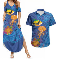 Hawaiian Funny Fruits Sea Animals Couples Matching Summer Maxi Dress and Hawaiian Shirt Mango Reef Triggerfish and Pineapple Turtle and Mandarin Jellyfish