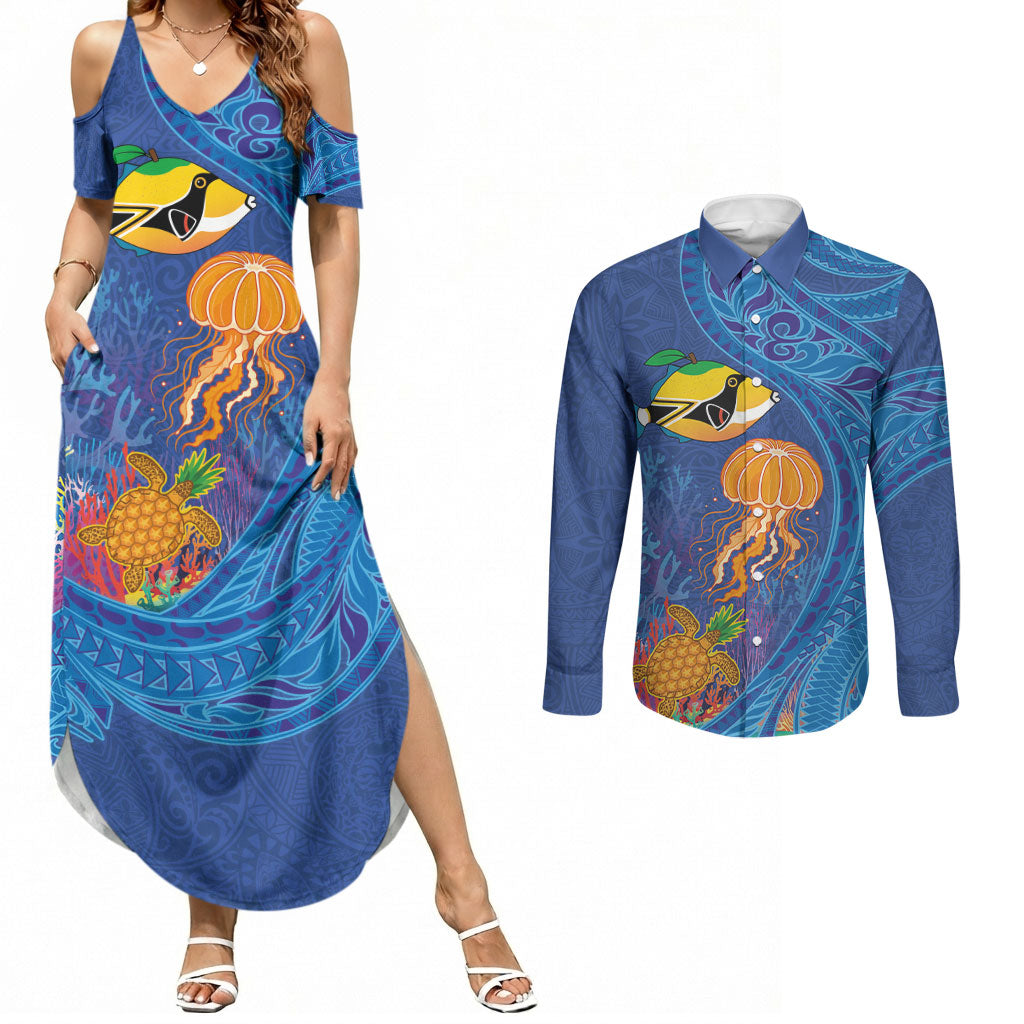 Hawaiian Funny Fruits Sea Animals Couples Matching Summer Maxi Dress and Long Sleeve Button Shirt Mango Reef Triggerfish and Pineapple Turtle and Mandarin Jellyfish