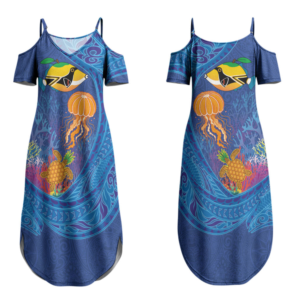 Hawaiian Funny Fruits Sea Animals Couples Matching Summer Maxi Dress and Long Sleeve Button Shirt Mango Reef Triggerfish and Pineapple Turtle and Mandarin Jellyfish