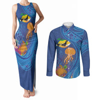 Hawaiian Funny Fruits Sea Animals Couples Matching Tank Maxi Dress and Long Sleeve Button Shirt Mango Reef Triggerfish and Pineapple Turtle and Mandarin Jellyfish