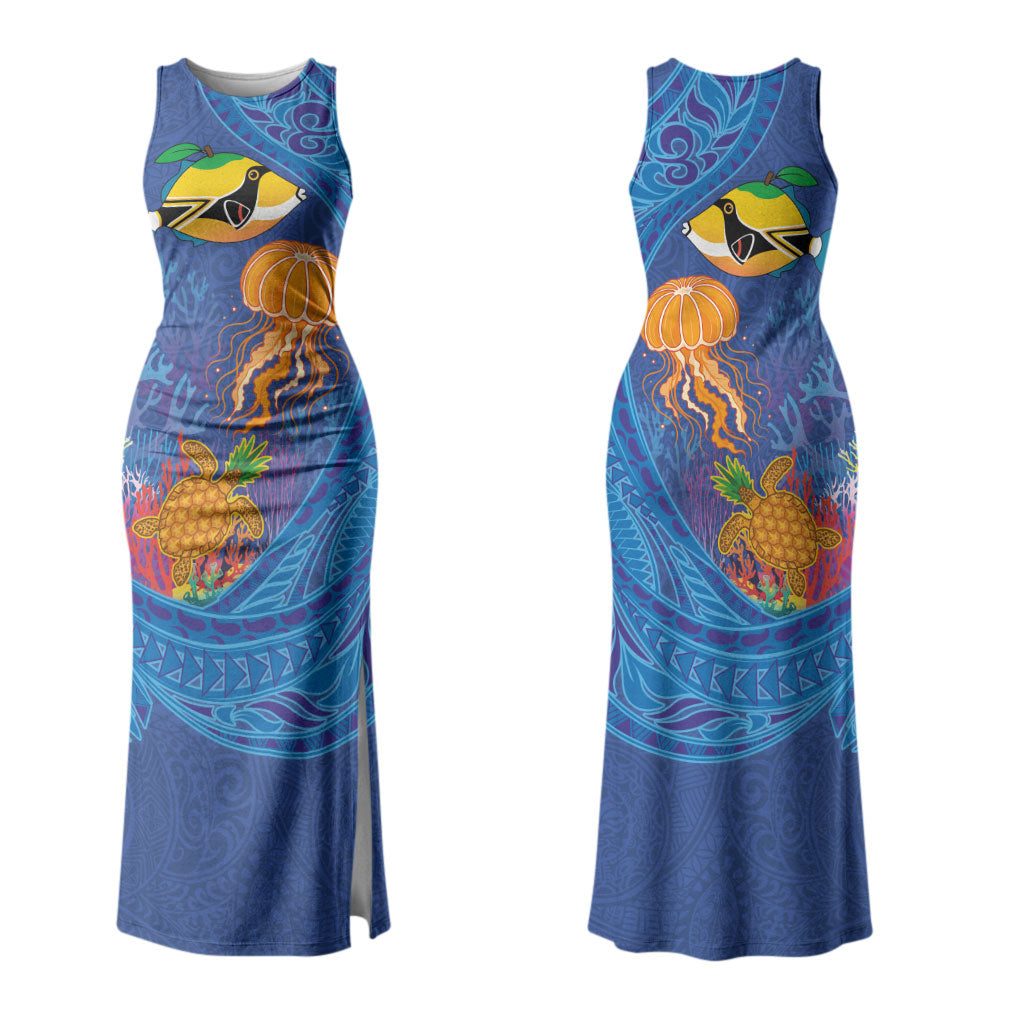 Hawaiian Funny Fruits Sea Animals Couples Matching Tank Maxi Dress and Long Sleeve Button Shirt Mango Reef Triggerfish and Pineapple Turtle and Mandarin Jellyfish