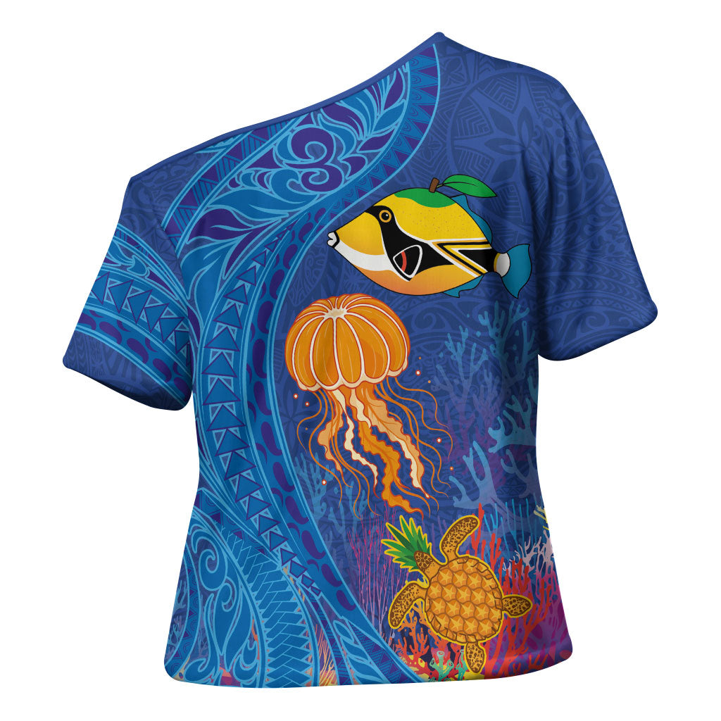 Hawaiian Funny Fruits Sea Animals Cross Shoulder Shirt Mango Reef Triggerfish and Pineapple Turtle and Mandarin Jellyfish