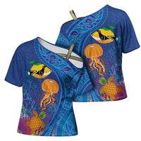 Hawaiian Funny Fruits Sea Animals Cross Shoulder Shirt Mango Reef Triggerfish and Pineapple Turtle and Mandarin Jellyfish