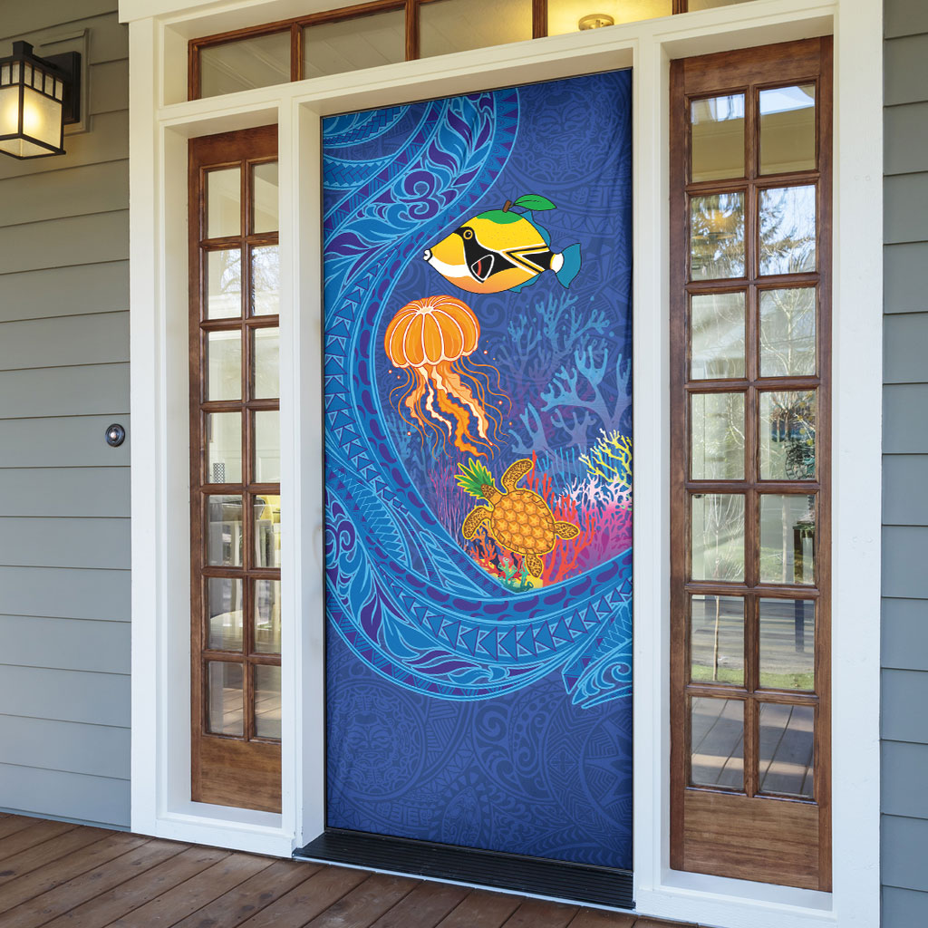 Hawaiian Funny Fruits Sea Animals Door Cover Mango Reef Triggerfish and Pineapple Turtle and Mandarin Jellyfish