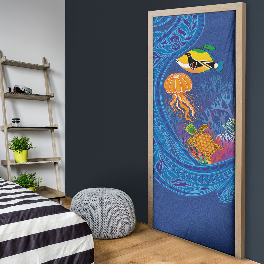 Hawaiian Funny Fruits Sea Animals Door Cover Mango Reef Triggerfish and Pineapple Turtle and Mandarin Jellyfish