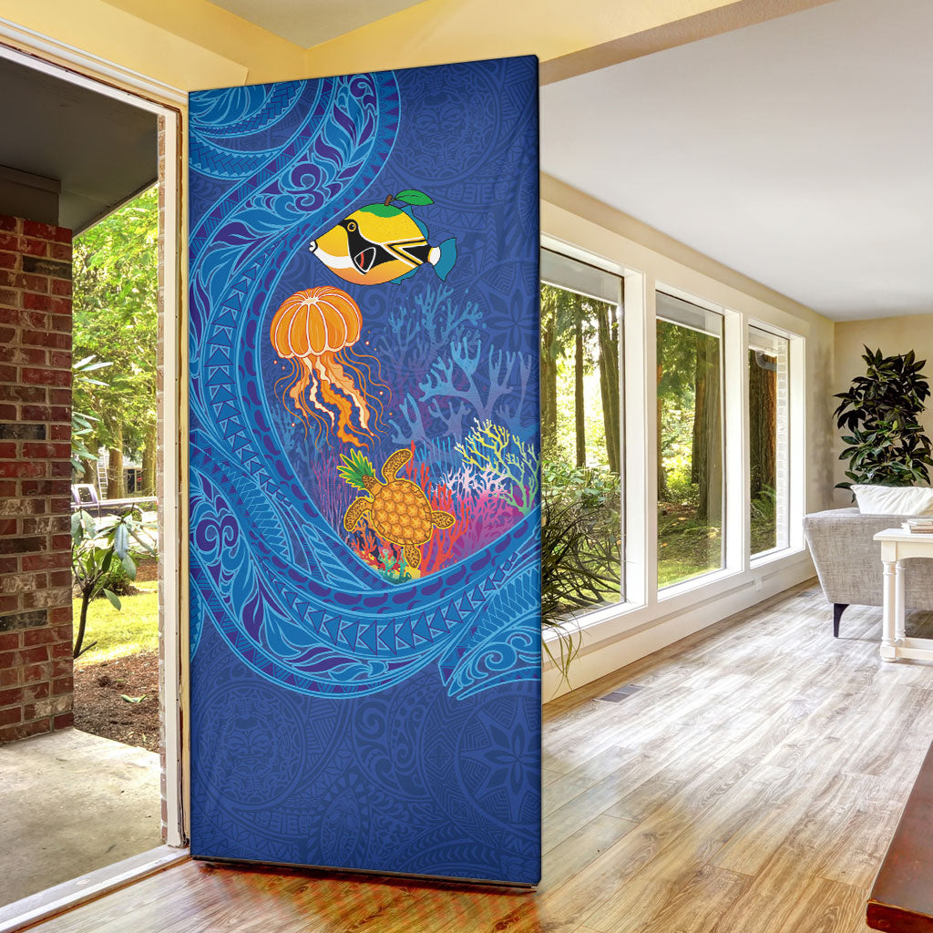 Hawaiian Funny Fruits Sea Animals Door Cover Mango Reef Triggerfish and Pineapple Turtle and Mandarin Jellyfish