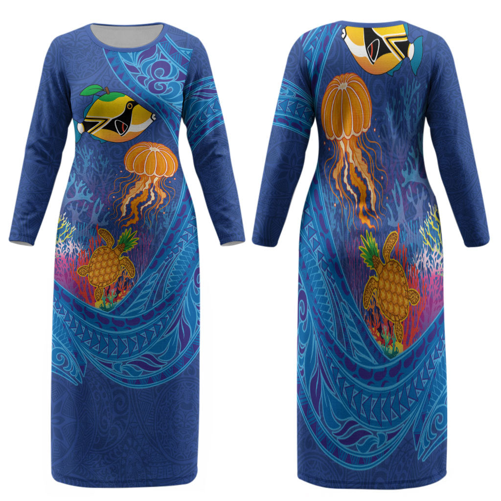 Hawaiian Funny Fruits Sea Animals Family Matching Long Sleeve Bodycon Dress and Hawaiian Shirt Mango Reef Triggerfish and Pineapple Turtle and Mandarin Jellyfish