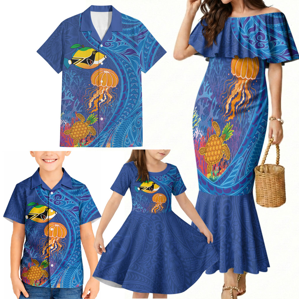 Hawaiian Funny Fruits Sea Animals Family Matching Mermaid Dress and Hawaiian Shirt Mango Reef Triggerfish and Pineapple Turtle and Mandarin Jellyfish