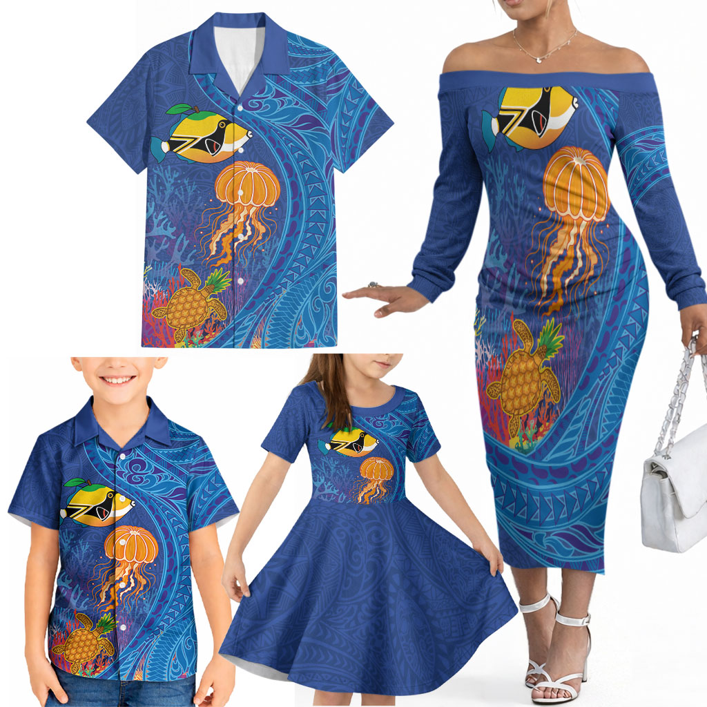 Hawaiian Funny Fruits Sea Animals Family Matching Off The Shoulder Long Sleeve Dress and Hawaiian Shirt Mango Reef Triggerfish and Pineapple Turtle and Mandarin Jellyfish