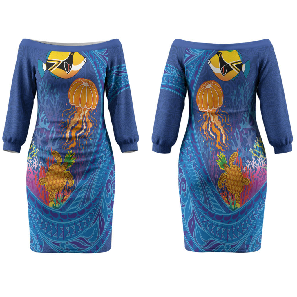 Hawaiian Funny Fruits Sea Animals Family Matching Off The Shoulder Long Sleeve Dress and Hawaiian Shirt Mango Reef Triggerfish and Pineapple Turtle and Mandarin Jellyfish