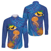 Hawaiian Funny Fruits Sea Animals Family Matching Off The Shoulder Long Sleeve Dress and Hawaiian Shirt Mango Reef Triggerfish and Pineapple Turtle and Mandarin Jellyfish