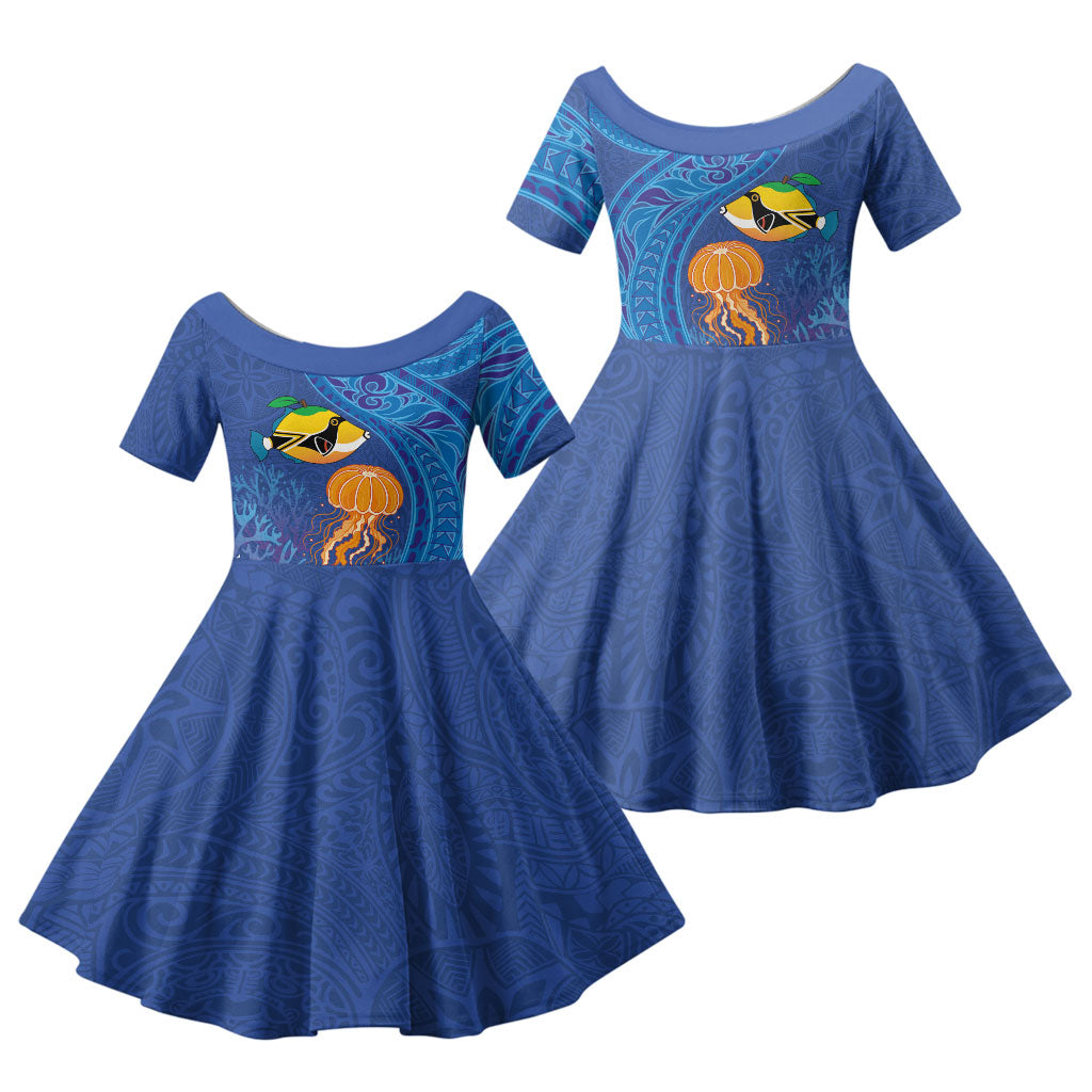 Hawaiian Funny Fruits Sea Animals Family Matching Off The Shoulder Long Sleeve Dress and Hawaiian Shirt Mango Reef Triggerfish and Pineapple Turtle and Mandarin Jellyfish
