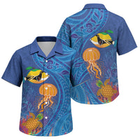 Hawaiian Funny Fruits Sea Animals Family Matching Off The Shoulder Long Sleeve Dress and Hawaiian Shirt Mango Reef Triggerfish and Pineapple Turtle and Mandarin Jellyfish
