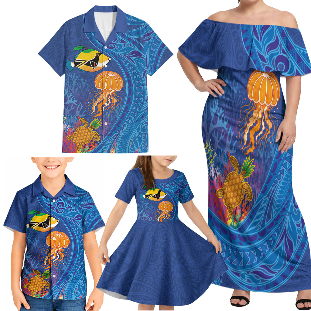 Hawaiian Funny Fruits Sea Animals Family Matching Off Shoulder Maxi Dress and Hawaiian Shirt Mango Reef Triggerfish and Pineapple Turtle and Mandarin Jellyfish