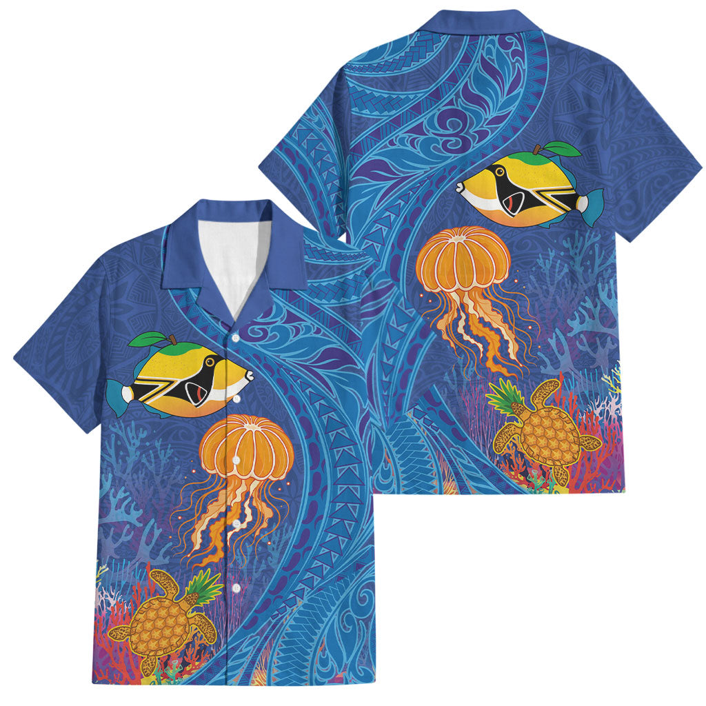 Hawaiian Funny Fruits Sea Animals Family Matching Off Shoulder Maxi Dress and Hawaiian Shirt Mango Reef Triggerfish and Pineapple Turtle and Mandarin Jellyfish