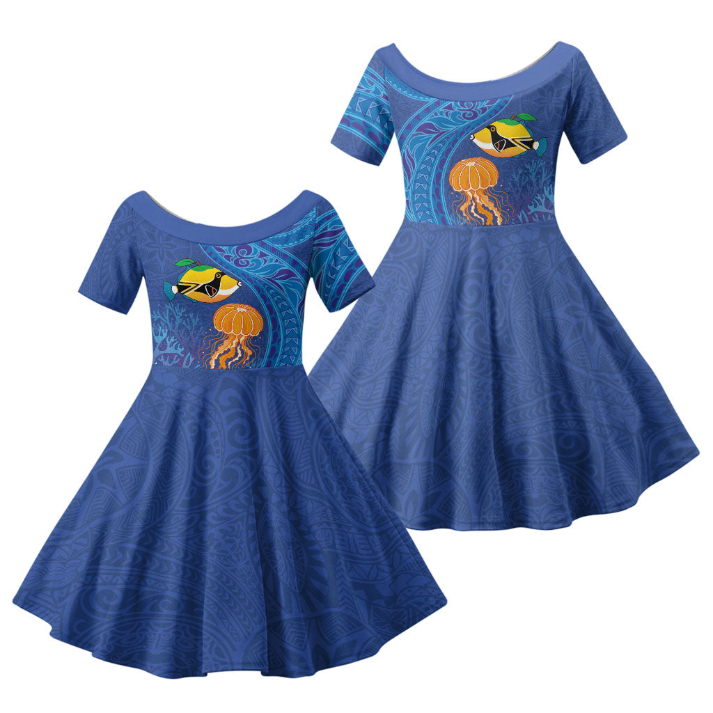Hawaiian Funny Fruits Sea Animals Family Matching Off Shoulder Short Dress and Hawaiian Shirt Mango Reef Triggerfish and Pineapple Turtle and Mandarin Jellyfish