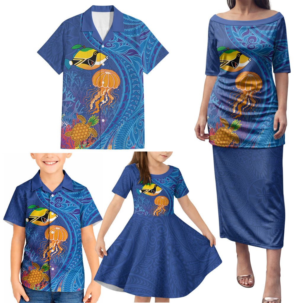 Hawaiian Funny Fruits Sea Animals Family Matching Puletasi and Hawaiian Shirt Mango Reef Triggerfish and Pineapple Turtle and Mandarin Jellyfish