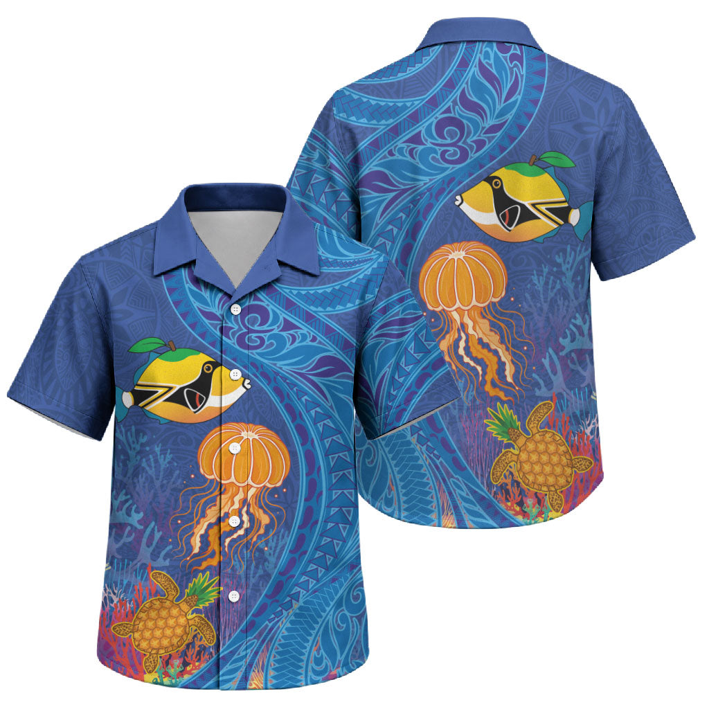 Hawaiian Funny Fruits Sea Animals Family Matching Puletasi and Hawaiian Shirt Mango Reef Triggerfish and Pineapple Turtle and Mandarin Jellyfish