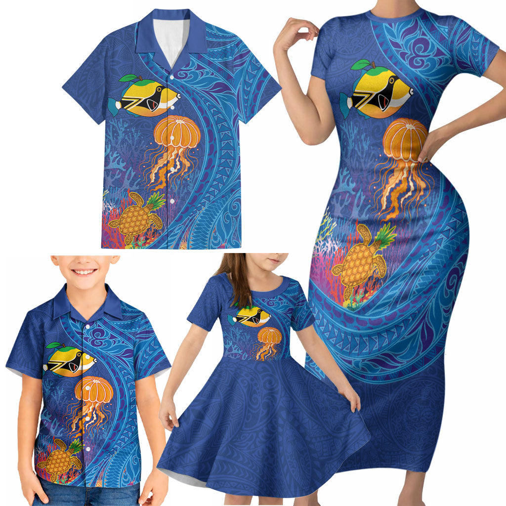 Hawaiian Funny Fruits Sea Animals Family Matching Short Sleeve Bodycon Dress and Hawaiian Shirt Mango Reef Triggerfish and Pineapple Turtle and Mandarin Jellyfish