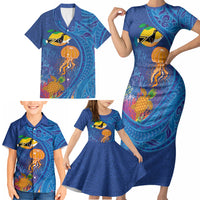 Hawaiian Funny Fruits Sea Animals Family Matching Short Sleeve Bodycon Dress and Hawaiian Shirt Mango Reef Triggerfish and Pineapple Turtle and Mandarin Jellyfish