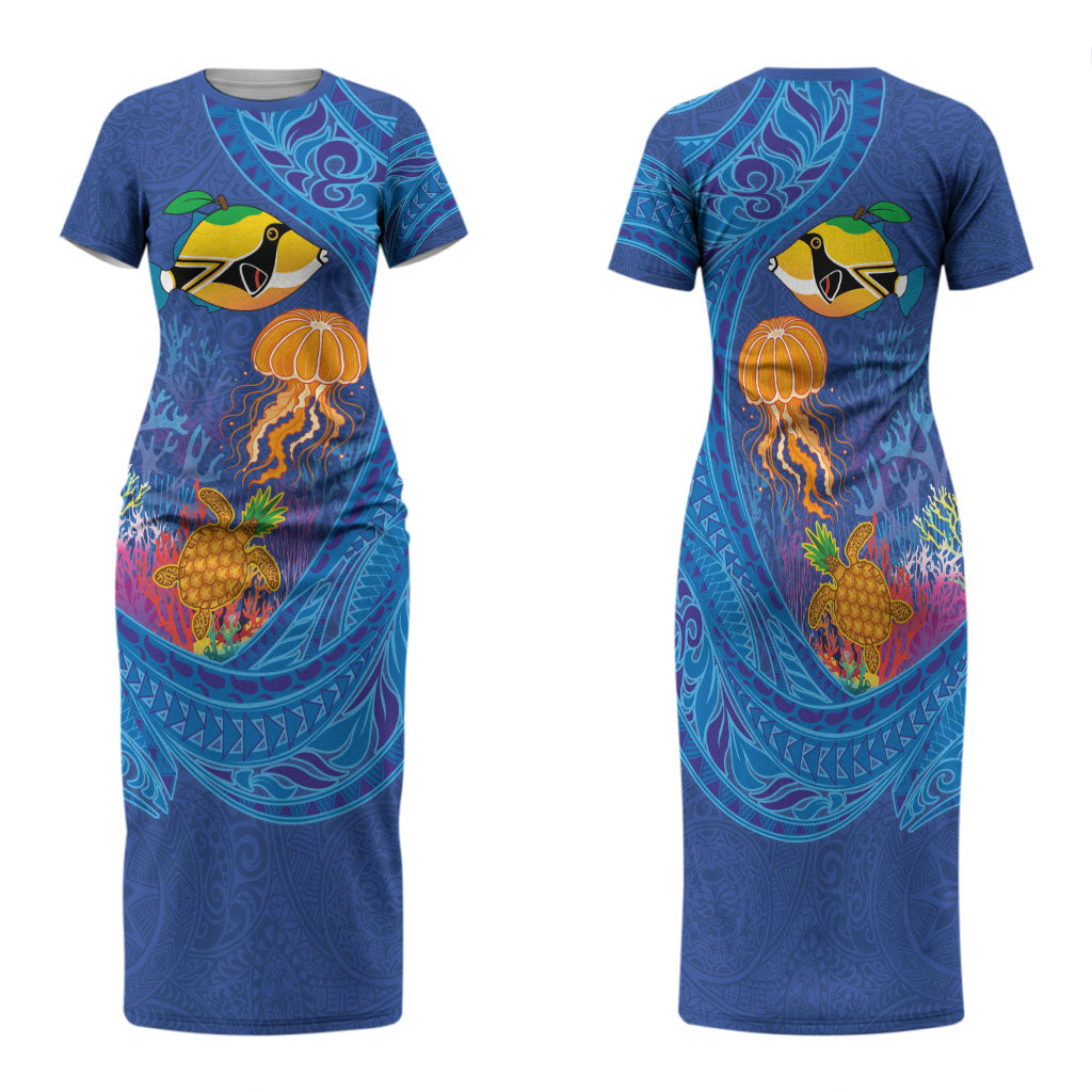 Hawaiian Funny Fruits Sea Animals Family Matching Short Sleeve Bodycon Dress and Hawaiian Shirt Mango Reef Triggerfish and Pineapple Turtle and Mandarin Jellyfish