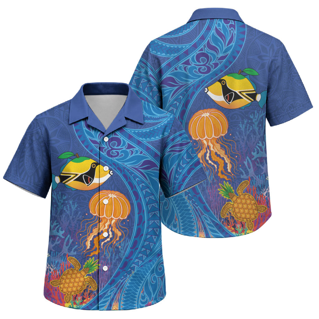 Hawaiian Funny Fruits Sea Animals Family Matching Short Sleeve Bodycon Dress and Hawaiian Shirt Mango Reef Triggerfish and Pineapple Turtle and Mandarin Jellyfish