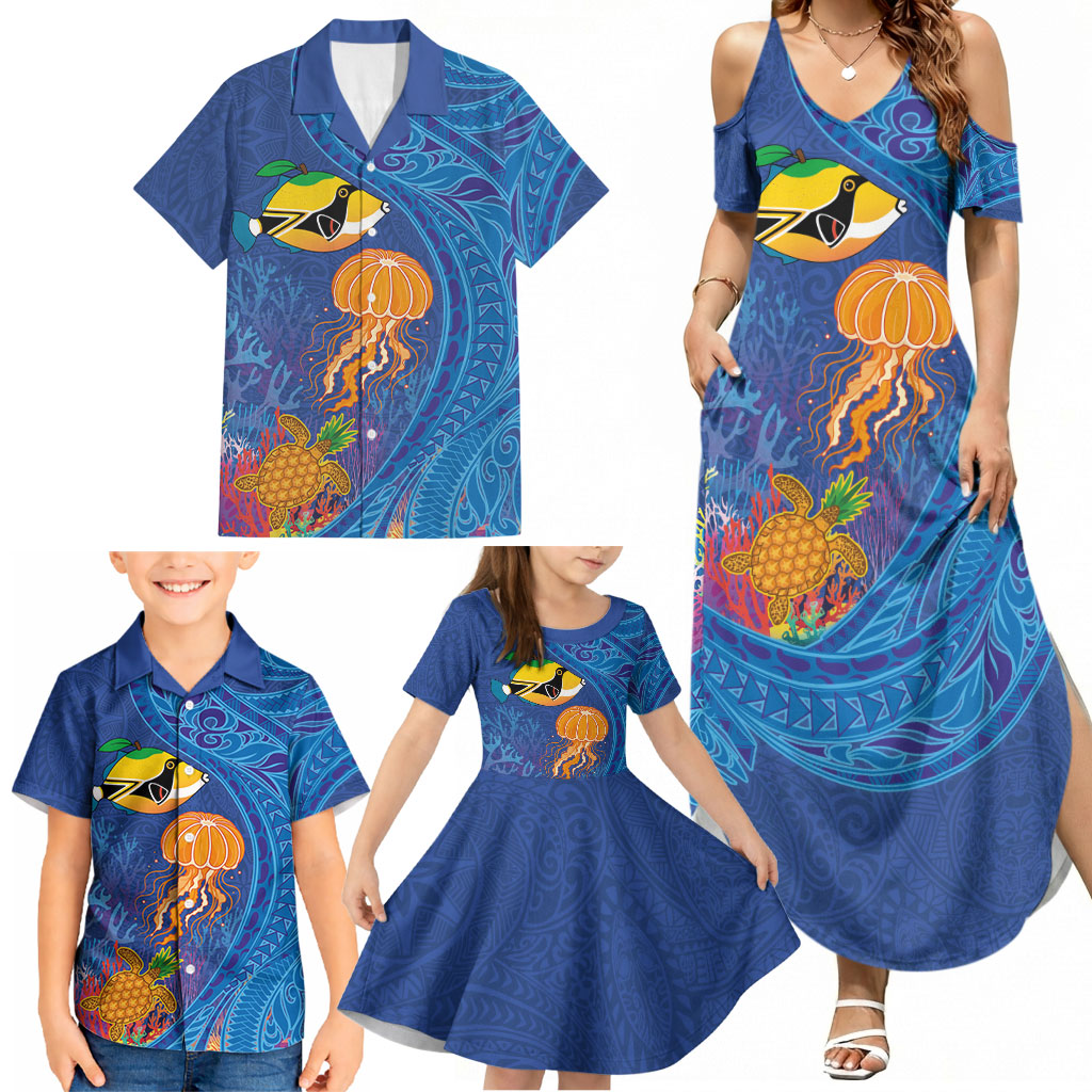 Hawaiian Funny Fruits Sea Animals Family Matching Summer Maxi Dress and Hawaiian Shirt Mango Reef Triggerfish and Pineapple Turtle and Mandarin Jellyfish