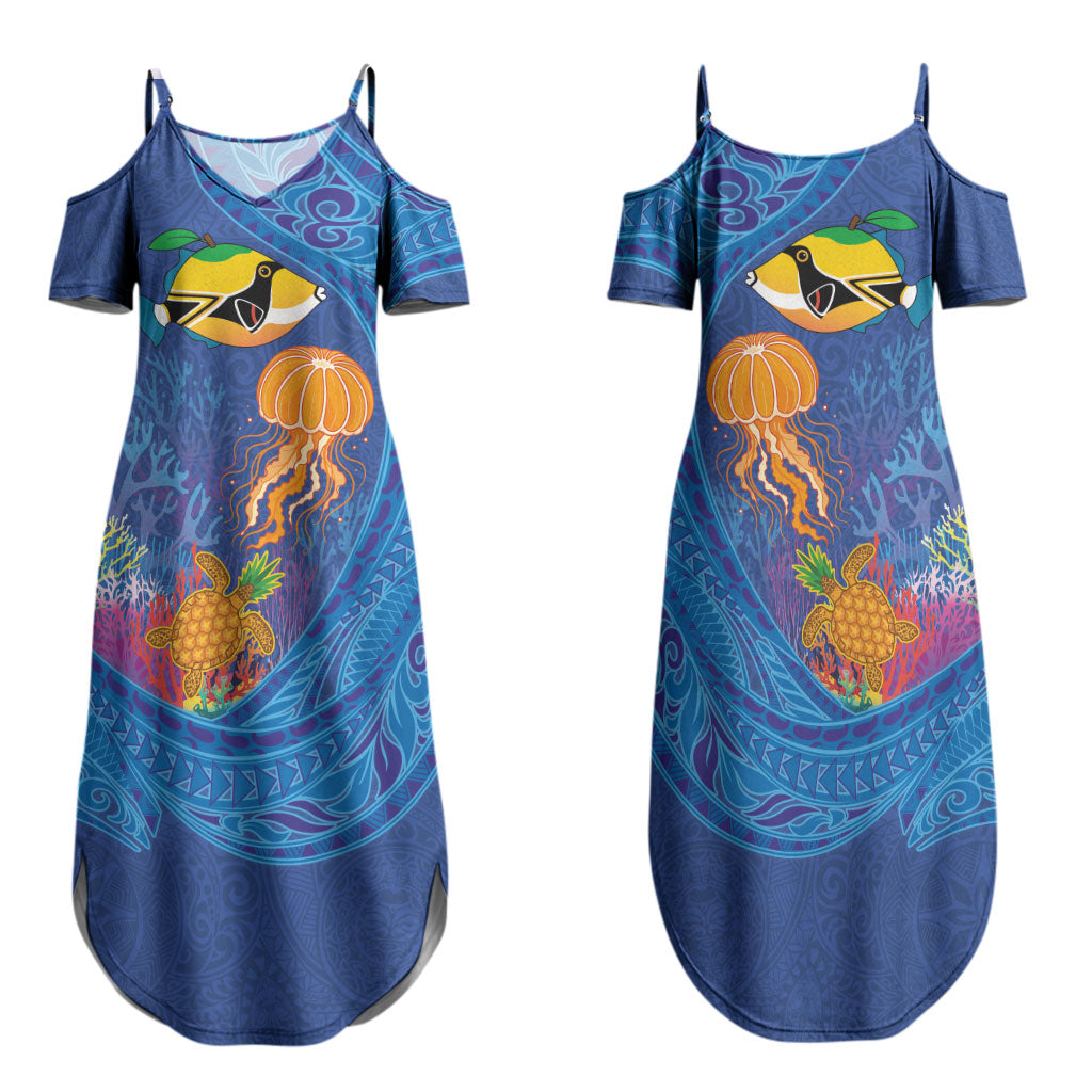 Hawaiian Funny Fruits Sea Animals Family Matching Summer Maxi Dress and Hawaiian Shirt Mango Reef Triggerfish and Pineapple Turtle and Mandarin Jellyfish
