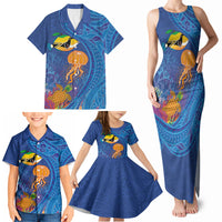 Hawaiian Funny Fruits Sea Animals Family Matching Tank Maxi Dress and Hawaiian Shirt Mango Reef Triggerfish and Pineapple Turtle and Mandarin Jellyfish