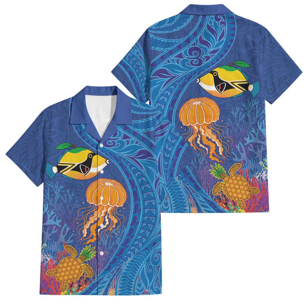 Hawaiian Funny Fruits Sea Animals Family Matching Tank Maxi Dress and Hawaiian Shirt Mango Reef Triggerfish and Pineapple Turtle and Mandarin Jellyfish